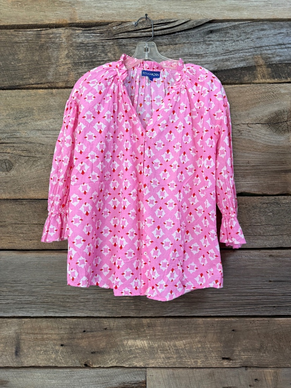 Ros Garden Rachael Freja Top, pink/white/red accents, Long sleeve, Small